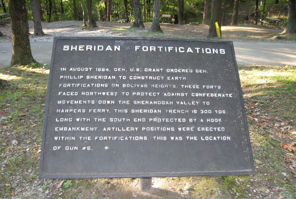 The Sheridan Fortifications marker in the Harpers Ferry KOA campground