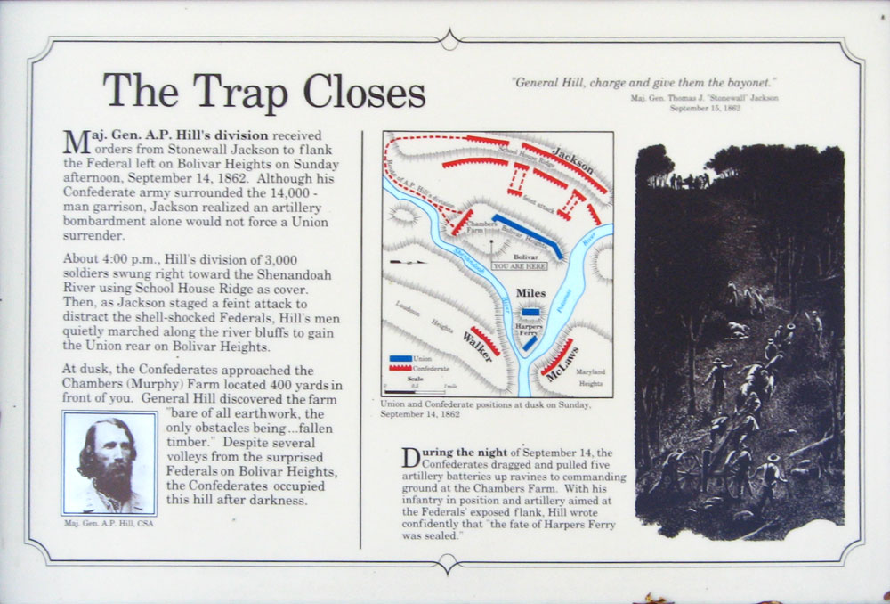 Closeup of the Trap Closes wayside marker at the Harpers Ferry Visitor Center