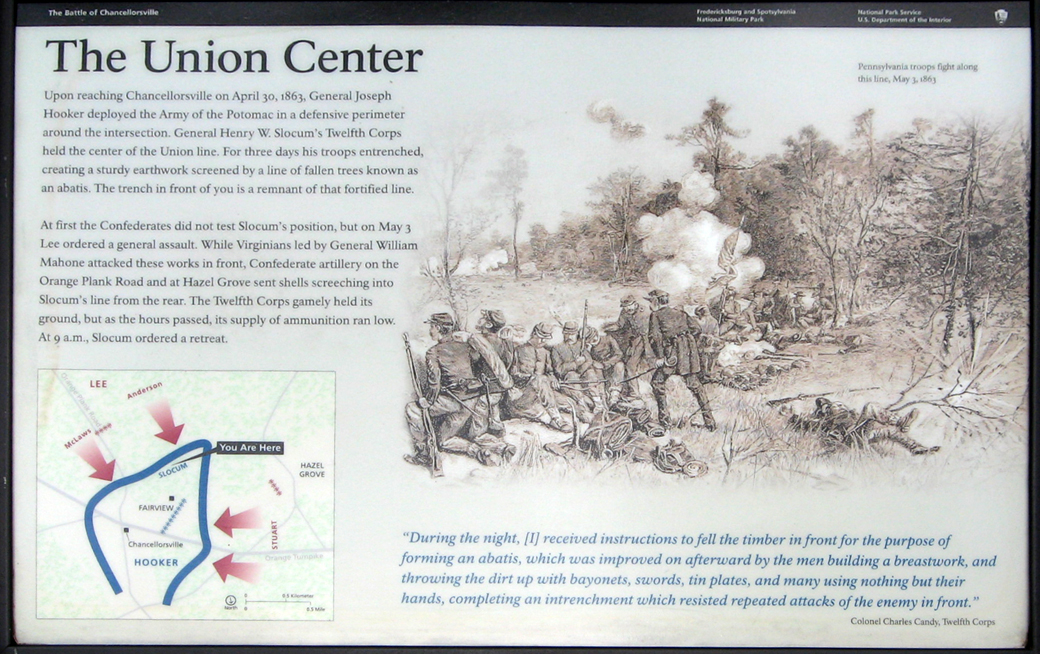 Closeup of The Union Center wayside marker at Stop 7 on the Chancellorsville Battlefield Auto Tour