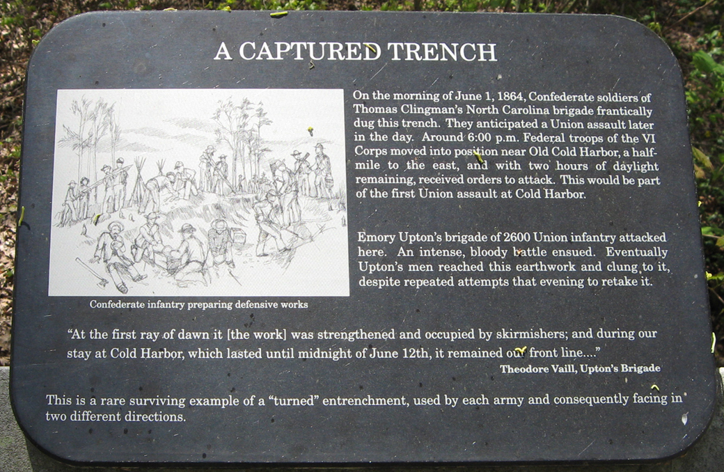 "A Captured Trench" trailside marker on the Cold Harbor battlefield outside Richmond, Virginia