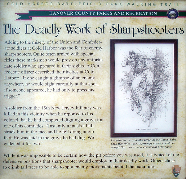 'The Deadly Work of Sharpshooters' wayside marker in Hanover County Park on the Cold Harbor battlefield