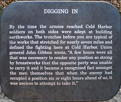 Digging In trailside marker is along the mile long hiking trail in Hanover County Park on the Cold Harbor battlefield