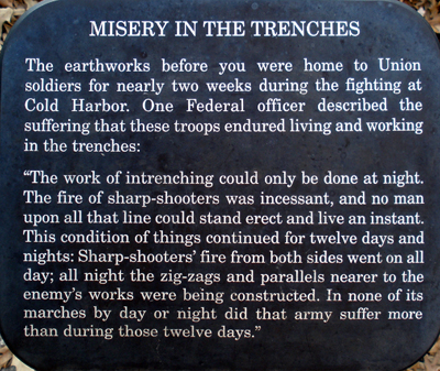 Misery in the Trenches trailside marker in Hanover County Park on the Cold Harbor battlefield
