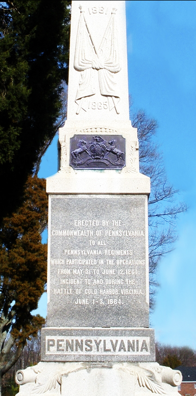Closeup of the front of the Pennsylvania Moument at Cold Harbor National Cemetery