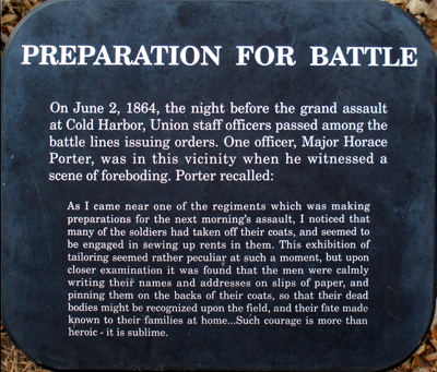 Preparation for Battle trailside marker in Hanover County Park on the Cold Harbor battlefield