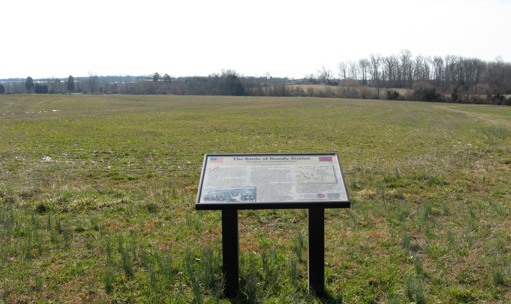 Closeup of the Charging the Confederate guns wayside marker on the Brandy Station battlefield