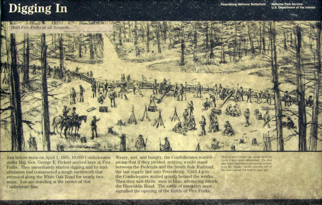 "Digging in"wayside marker on the Five Forks battlefield outside Petersburg, Virginia