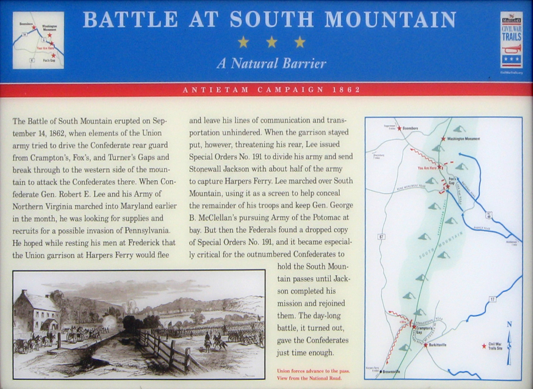 The Antietam Campaign wayside marker at Turner's Gap on the South Mountain battlefield