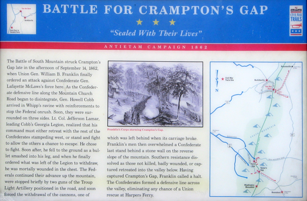 Battle for Crampton's Gap wayside marker on the South Mountain battlefield
