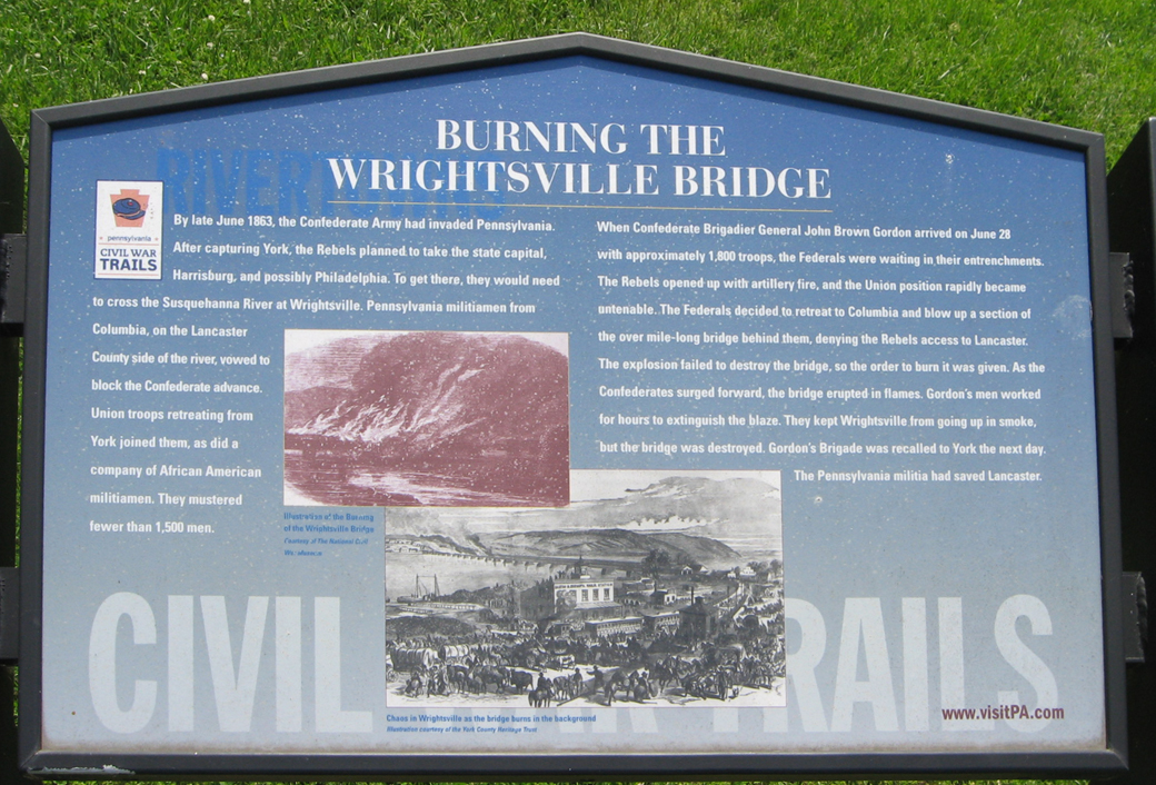 Closeup of the Burning the Wrightsville Bridge wayside marker at Wrightsville, Pennsylvania