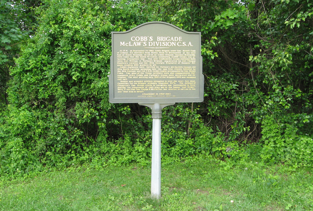 Cobb's Brigade McLaw's Division C.S.A. historical marker at Crampton's Gap on the South Mountain battlefield