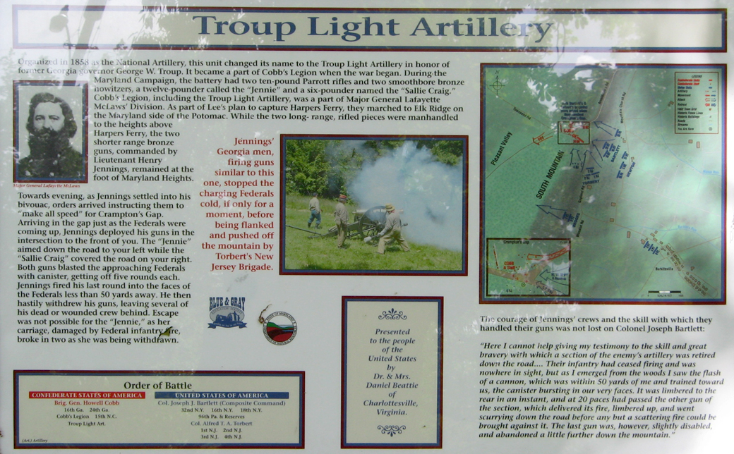 Troup Light Artillery wayside marker at Crampton's Gap on the South Mountain battlefield