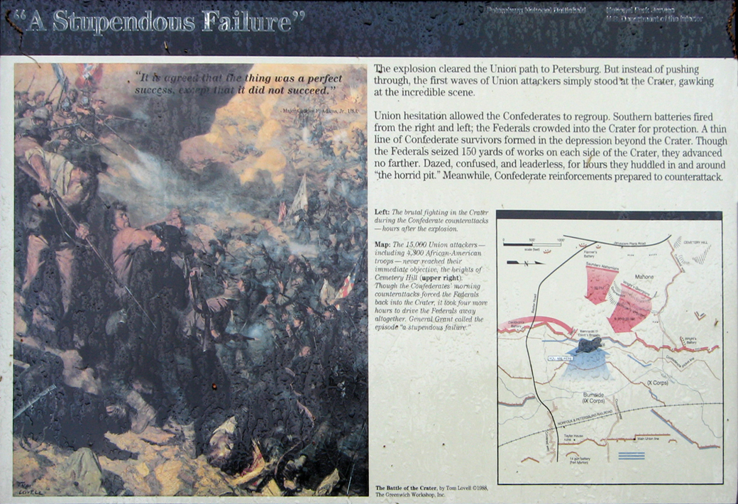 The 'A Stupendous Failure' wayside marker at the Crater on the Petersburg National Battlefield