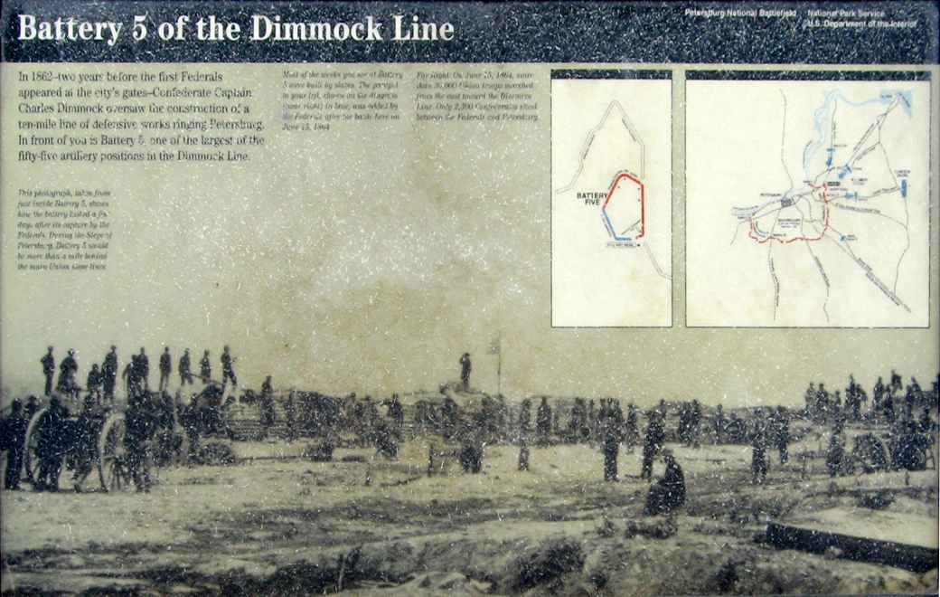 Battery 5 of the Dimmock Line wayside marker on the Petersburg National Battlefield