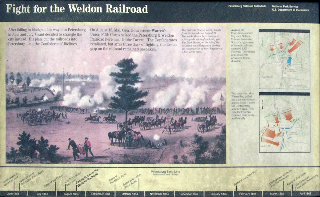 The 'Fight for the Weldon Railroad' wayside marker on the Petersburg National Battlefield