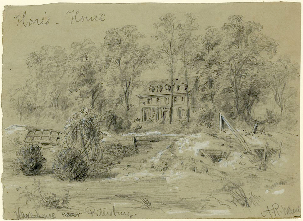 Alfred Waud's sketch of the Hare House on the Petersburg battlefield in July of 1864