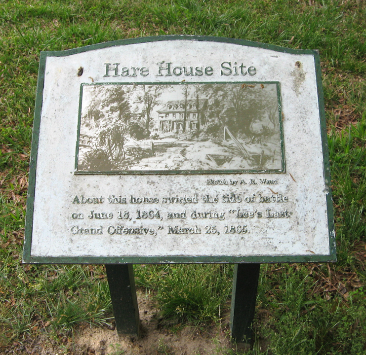 The 'Hare House Site' marker on the Petersburg National Battlefield