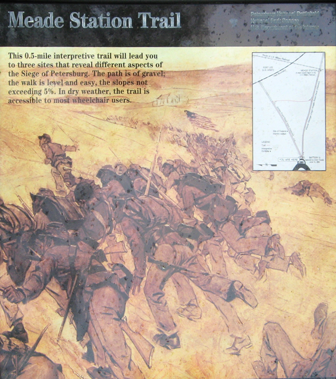 The 'Meade Station Trail' wayside marker on the Petersburg National Battlefield