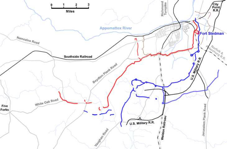 Situation map for the Siege of Petersburg on March 25, 1865, the  Assault on Fort Stedman