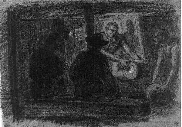 Waud sketch of the Pennsylvania miners filling the mine with powder before the Battle for the crater