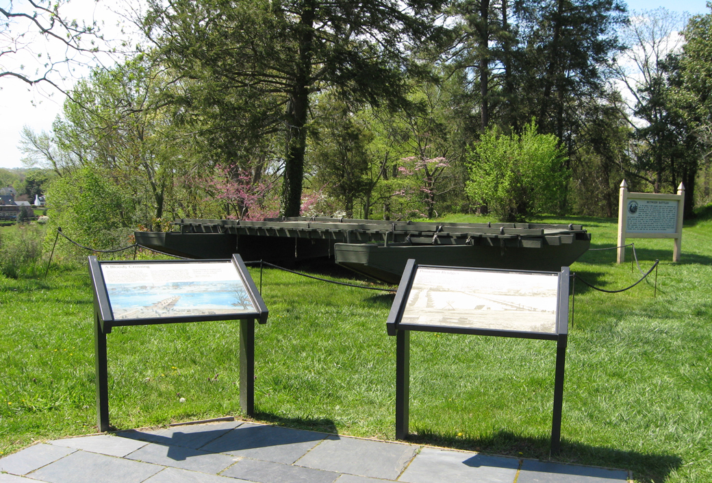 The "Pontoon Bridges" and "A Bloody Crossing" wayside markers at Chatham Manor on the Fredericksburg battlefield
