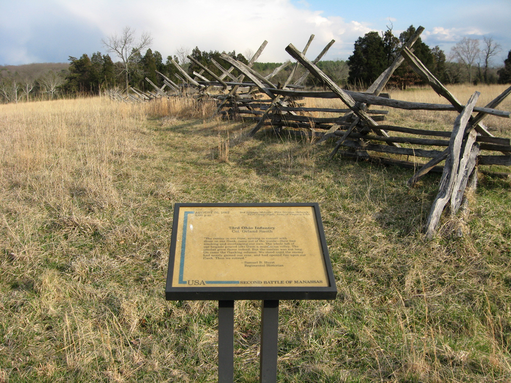 Marker for the 73rd Ohio Infantry Regiment on the Manassas battlefield.