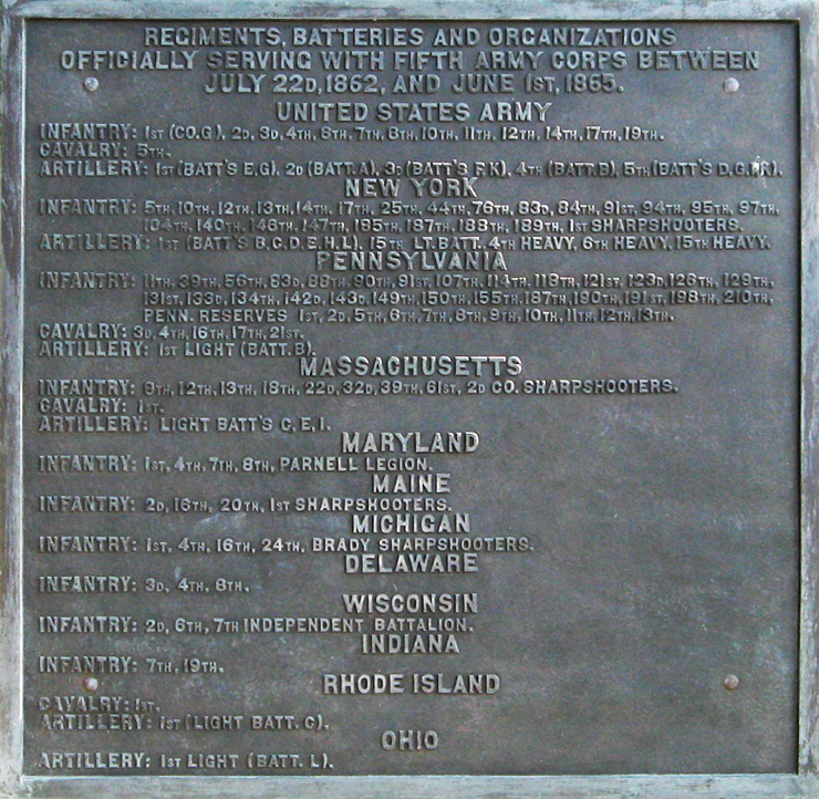 Tablet from the Fifth Corps, Army of the Potomac monument on the Fredericksburg battlefield