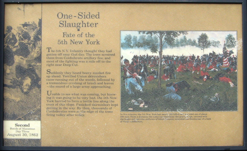 The One Sided Slaughter - Fate of the 5th New York wayside marker on the Manassas battlefield