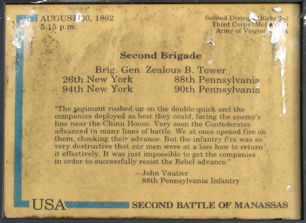 Trailside marker for the Second (Tower's) Brigade on the Manassas battlefield