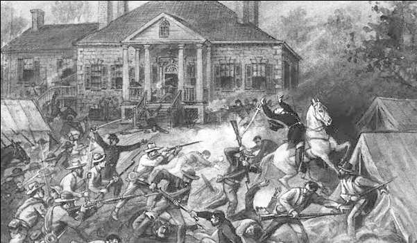 Confederates overrun the Union headquarters and supply center at Belle Grove Plantation on the Cedar Creek battlefield