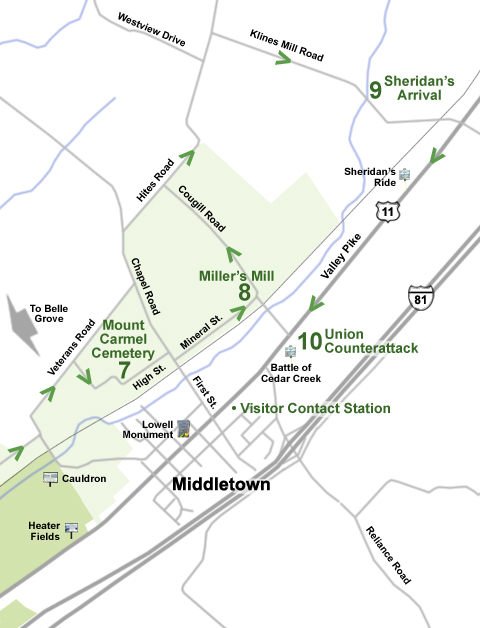 Tour map of the Middletown & North section of the Cedar Creek, Virginia battlefield