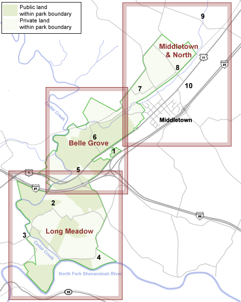 Tour map of the Cedar Creek Battlefield in Virginia's Shenandoah Valley
