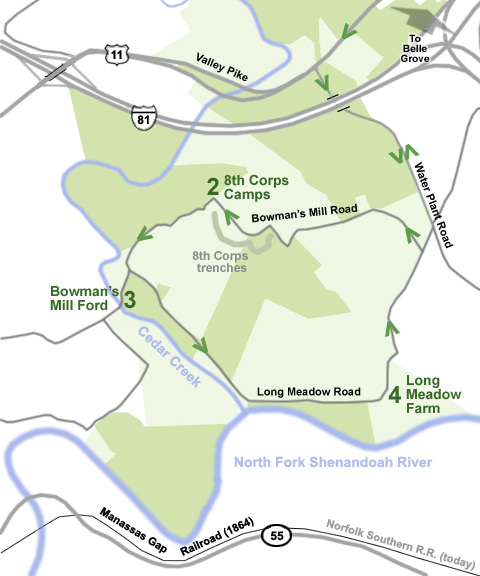 Tour map of the Long Meadow area of the Cedar Creek, Virginia battlefield
