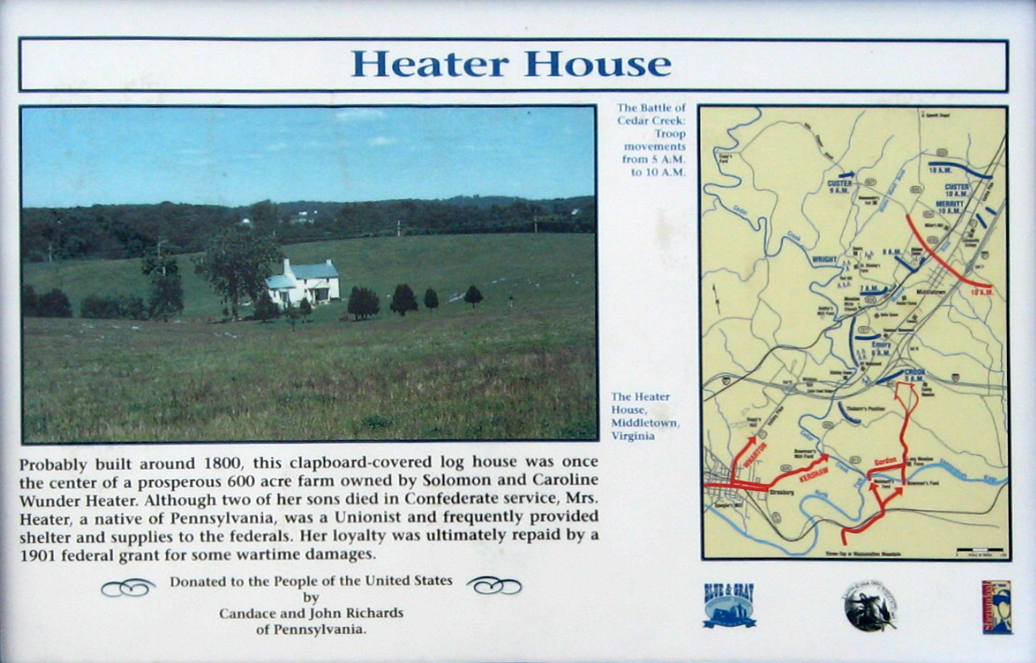 The Heater House wayside marker on the Cedar Creek battlefield