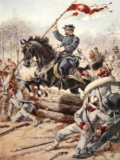 General Sheridan at the Battle of Five Forks by Henry Alexander Ogden. Sheridan grabbed his headquarters flag and joined the attack on the Angle, jumping his powerful black stallion Rienzi over the low earthworks.