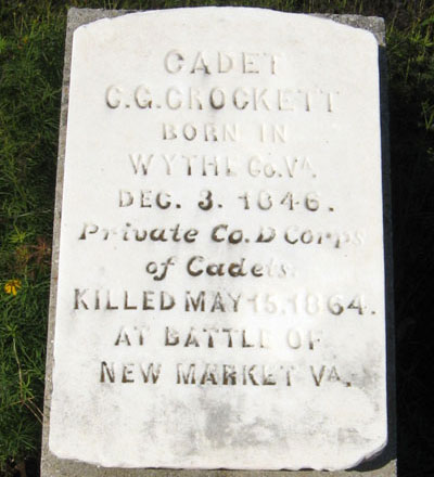 Gravestone of Cadet C. G. Crockett Killed May 15, 1864 At Battle of New Market Va.