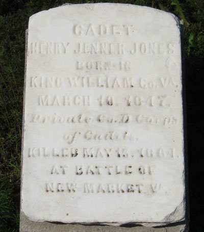 Gravestone of Cadet Henry Jenner Jones Corporal Co. A Corps of Cadets Killed May 15, 1864 At Battle of New Market Va.
