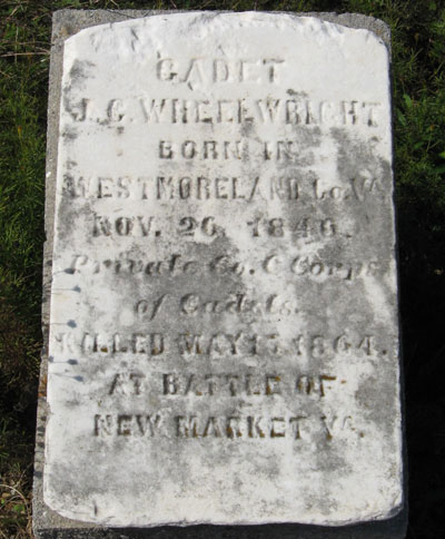 Gravestone of Cadet J.C. Wheelwright Corporal Co. A Corps of Cadets Killed May 15, 1864 At Battle of New Market Va.
