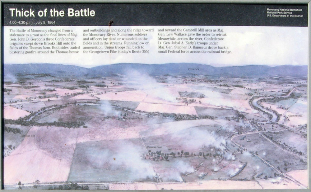 The "Thick of the Battle" wayside marker on the Monocacy battlefield near Frederick, Maryland