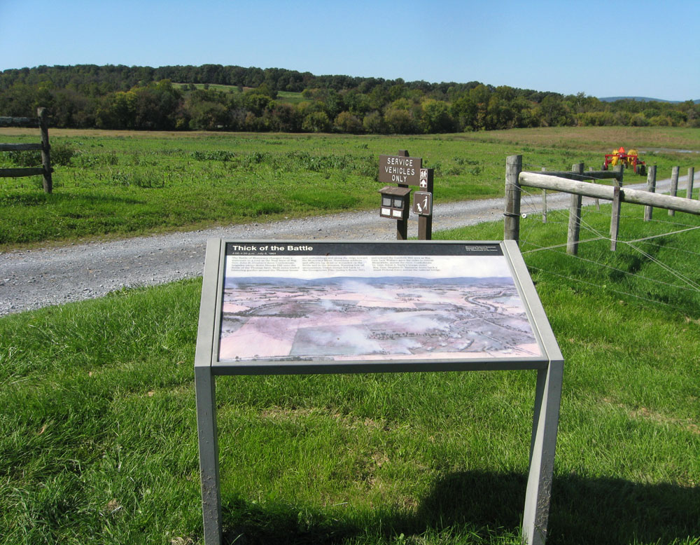 The "Thick of the Battle" wayside marker on the Monocacy battlefield near Frederick, Maryland
