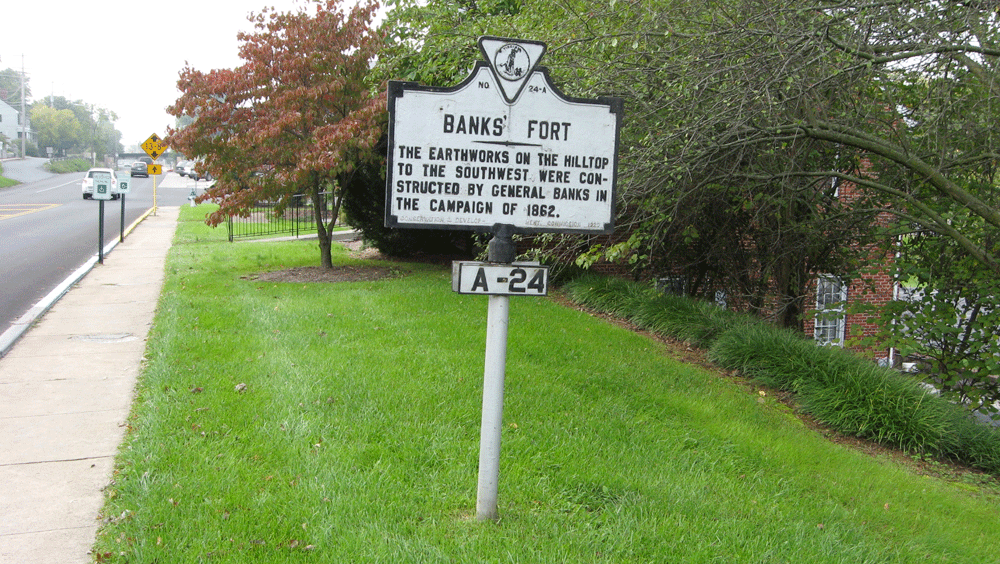 The Banks' Fort A-24 Virginia historical marker in Strasburg, Virginia