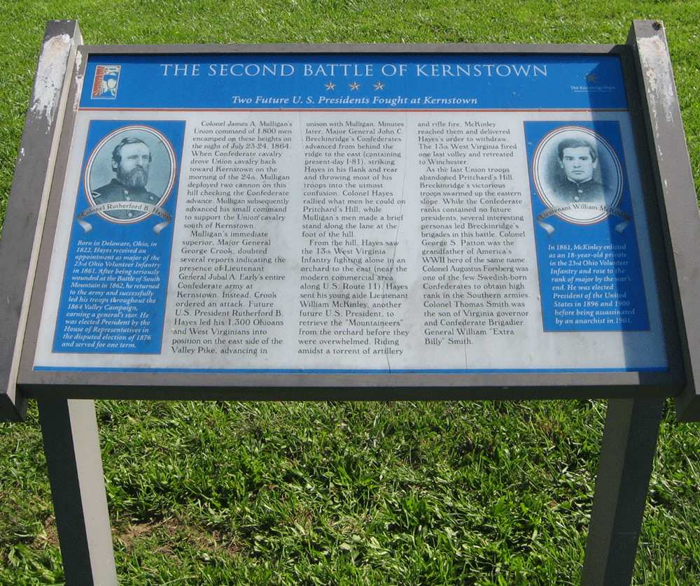 The "Two Future U.S. Presidents Fight at Kernstown" wayside marker on the Kernstown battlefield outside Winchester, Virginia