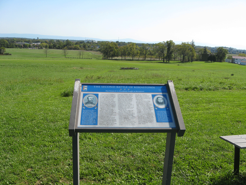 The "Two Future U.S. Presidents Fight at Kernstown" wayside marker on the Kernstown battlefield outside Winchester, Virginia