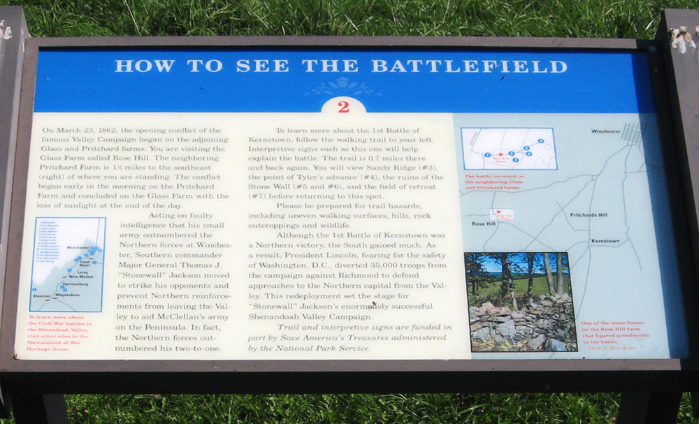 The How to see the Battlefield wayside marker is at the start of the self-guided trail that starts behind the Rose farmyard, site of the First Battle of Kernstown in 1862. It is the second marker on the Rose Hill self guided tour.