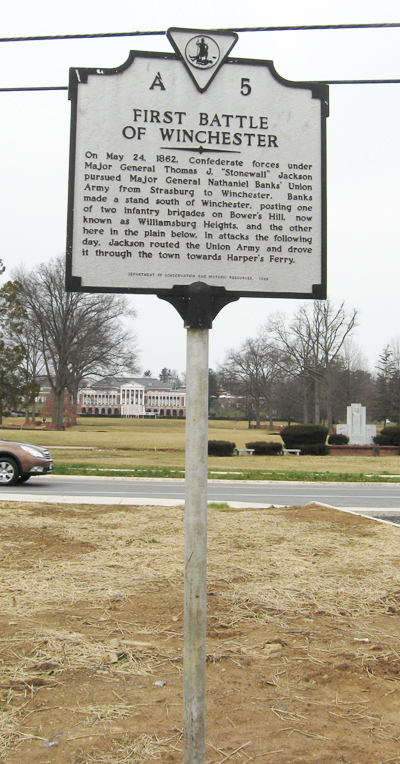 The First Battle of Winchester A5 Virginia historical marker marks the location of one of the Union brigades during the First Battle of Winchester