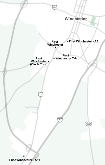 Map of the historical markers and monuments to the First Battle of Winchester, Virginia