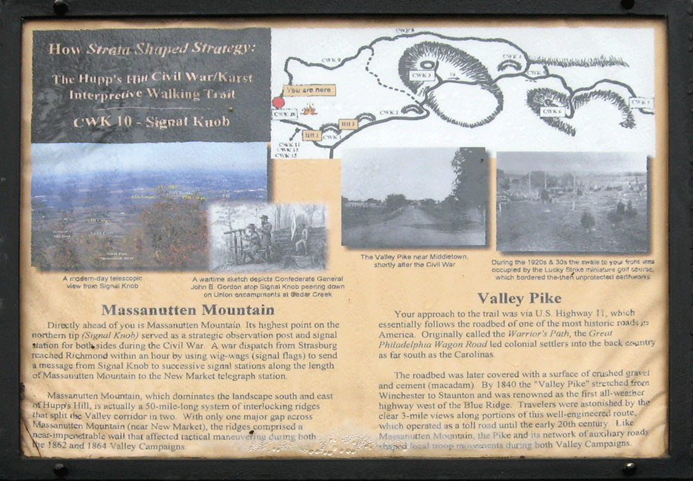 The Signal Knob trail marker CWK-10 is one of several along the walking trail at the Hupp's Hill Civil War Park north of Strasburg, Virginia.