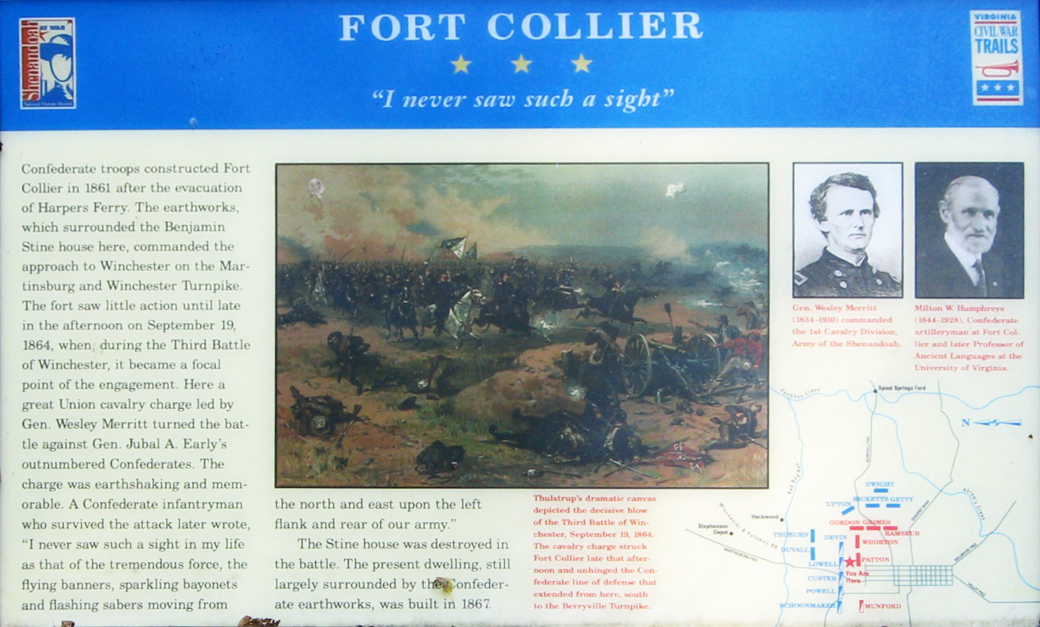 The Fort Collier - "I never saw such a sight" wayside marker is on the grounds of the Fort Collier Civil War Center on the north side of Winchester, Virginia.