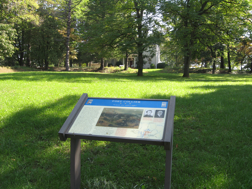 The Fort Collier - "I never saw such a sight" wayside marker is on the grounds of the Fort Collier Civil War Center on the north side of Winchester, Virginia.