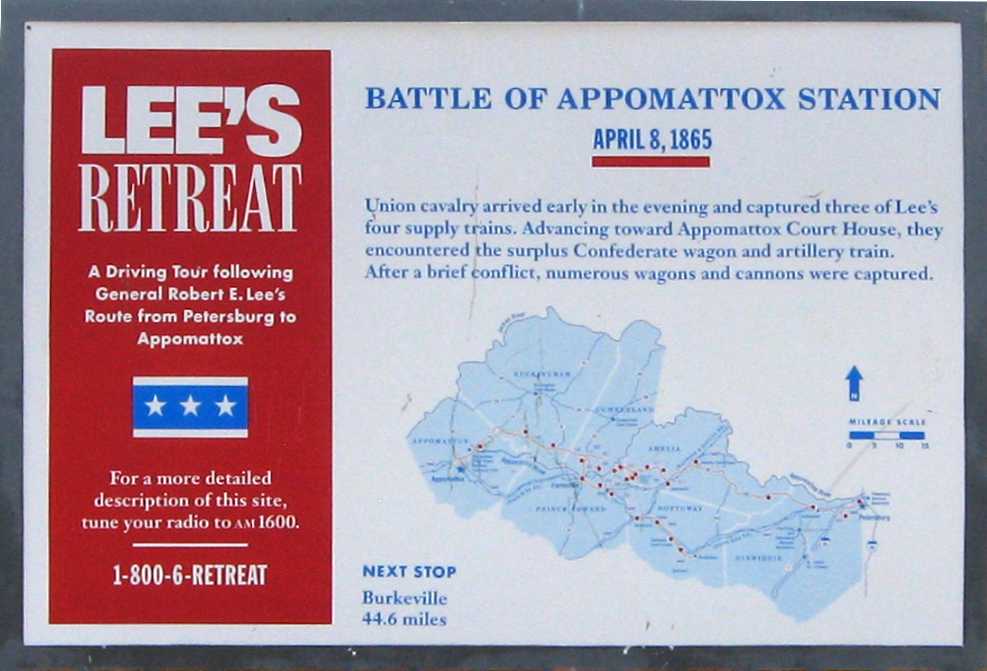 The Battle of Appomattox Station - Lee's Retreat marker is beside the former railroad station in Appomattox, Virginia, which now serves as the Appomattox Visitors Information Center.